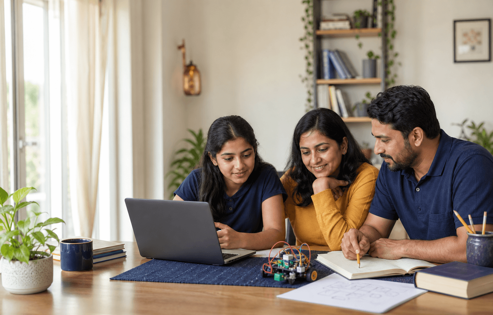 Illustrative family learning scene with a student, parent, and educator